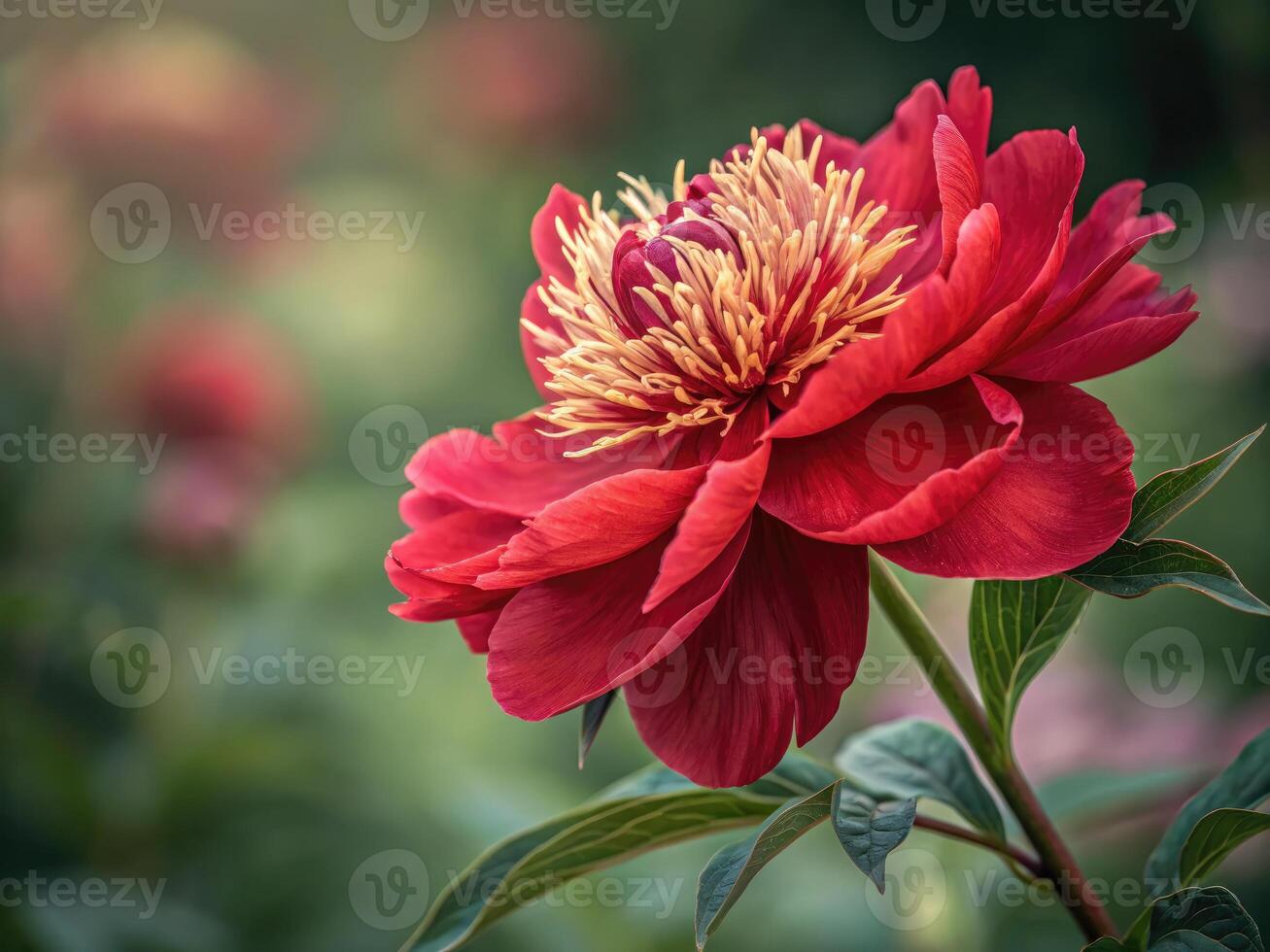 Captivating view of a lush red peony in its full bloom, perfect for spring and summer vibes. photo
