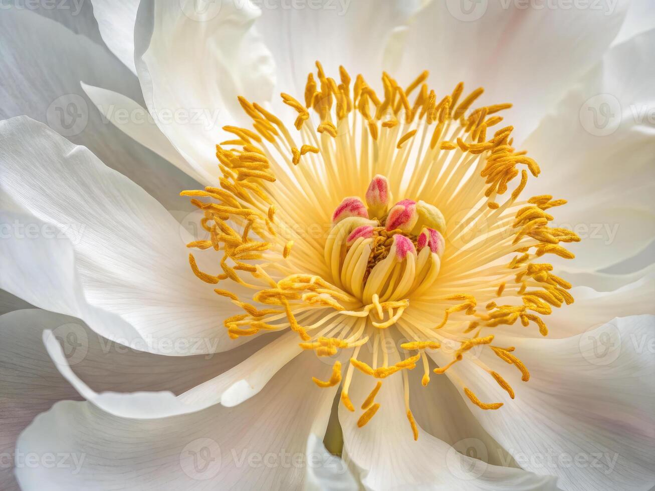 Detailed macro photograph showcases a beautiful white peony with its delicate petals and intricate details. photo