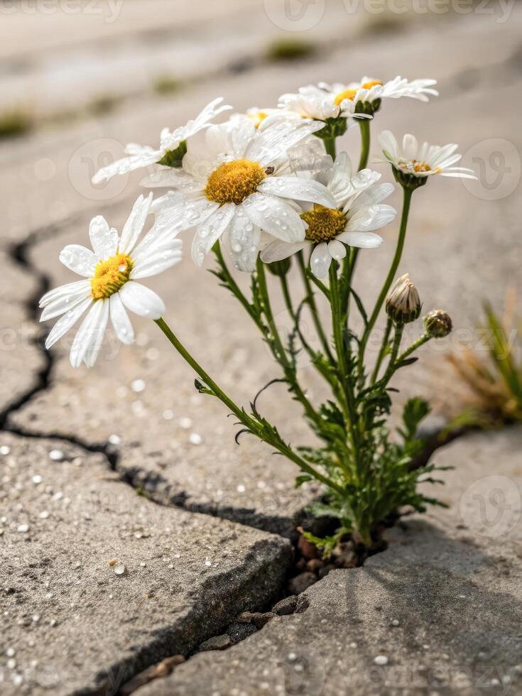Daisies bloom through a crack in the concrete, a symbol of nature's strength and perseverance. photo