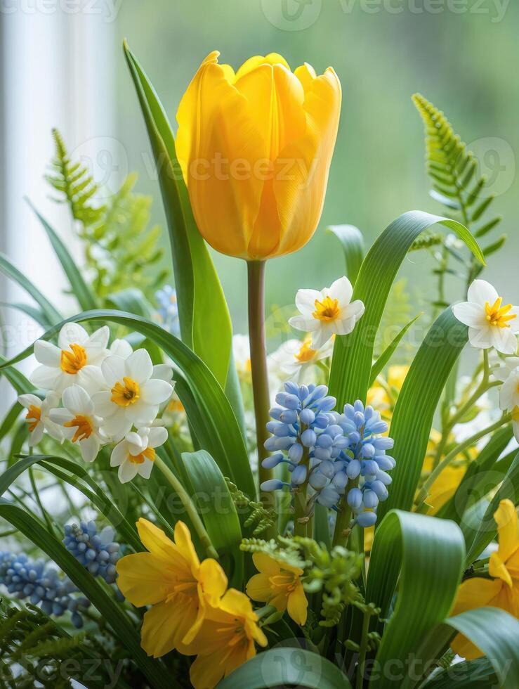 A cheerful arrangement of yellow tulips and daffodils, celebrating the beauty of spring. photo