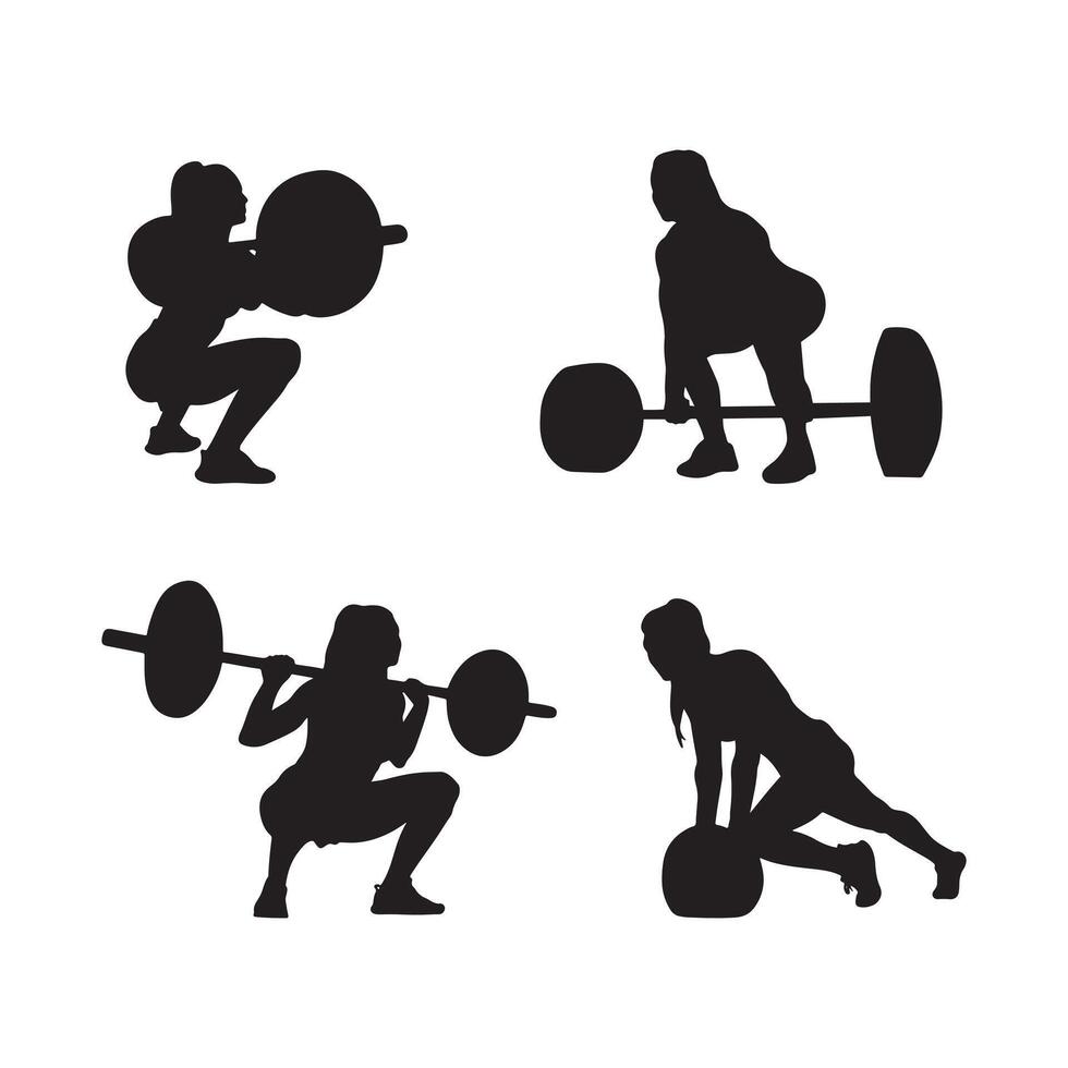 Comprehensive Silhouette Set of Female Weightlifting Athletes Girls Fitness Icons Showcasing Gym Workouts, Muscle Training, and Bench Press Poses for Health, Sports, and Wellness Design Projects vector