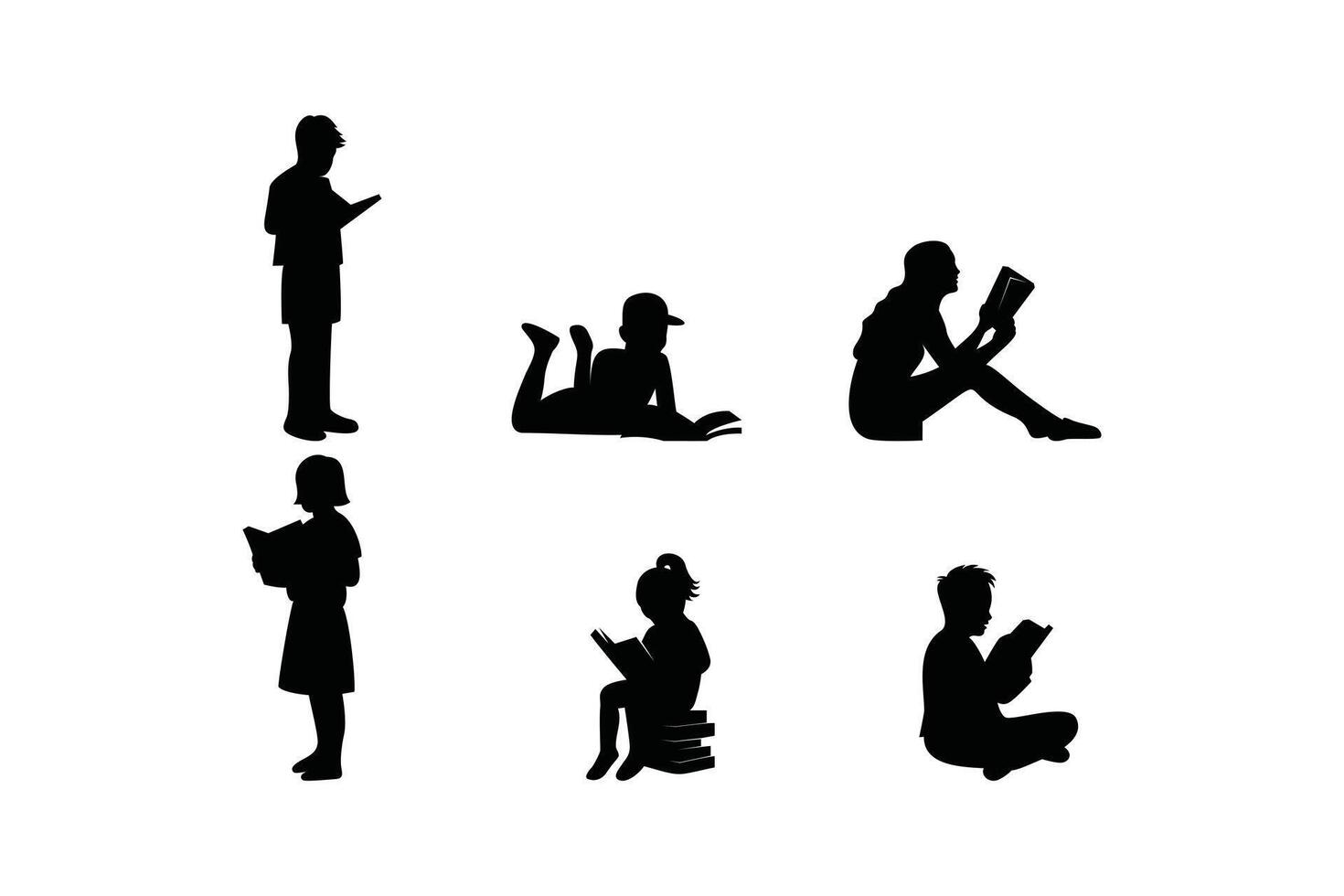Silhouette Collection of Boys and Girls Reading Books in Various Poses vector