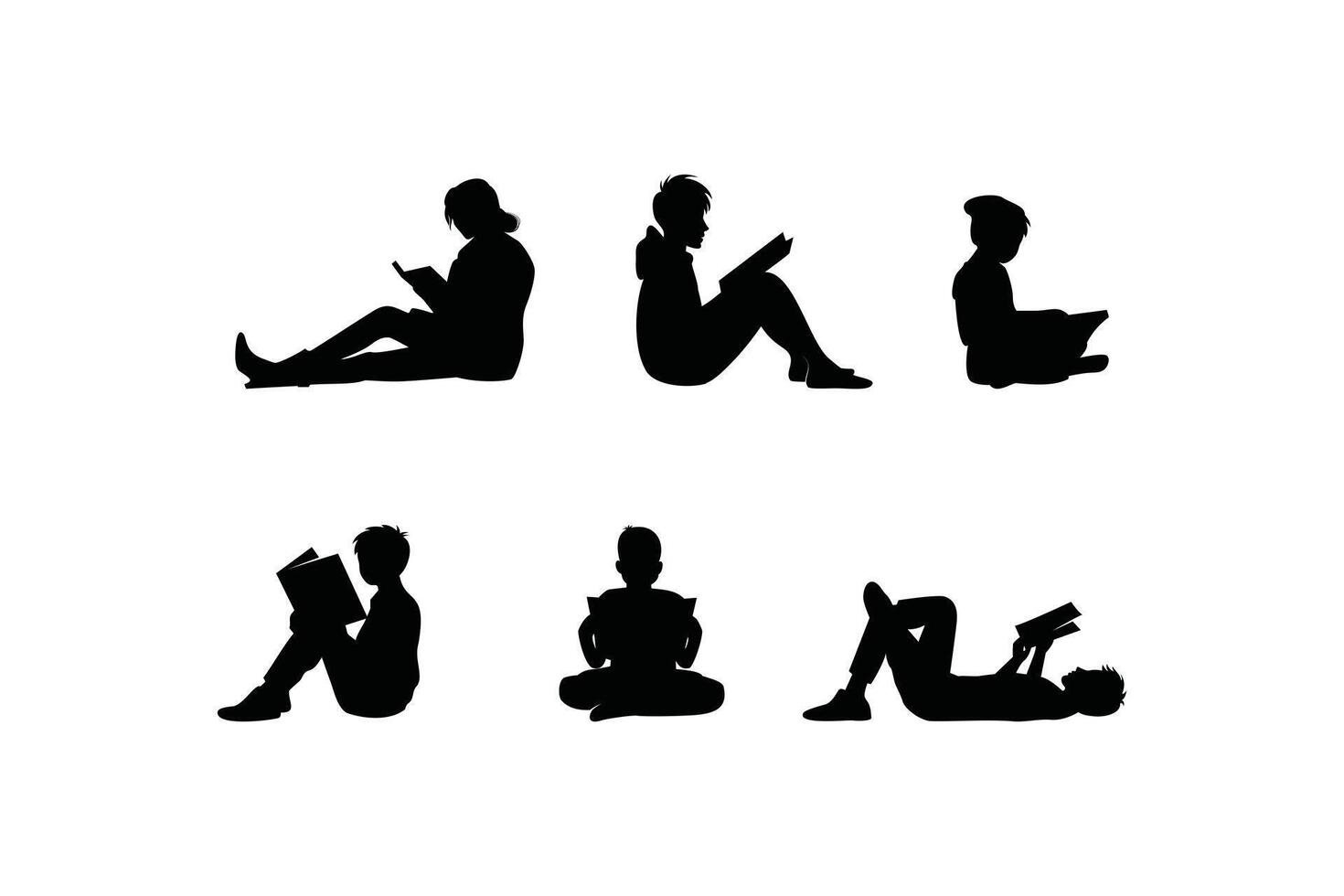 Silhouette Set of Boys and Girls Reading Books in Different Poses and Positions vector