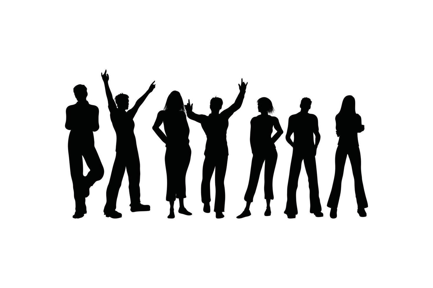 Silhouette Set of Men and Women Standing in Various Poses Including Profiles and Raised Hands Business Group Illustration in Black Isolated on White Background vector