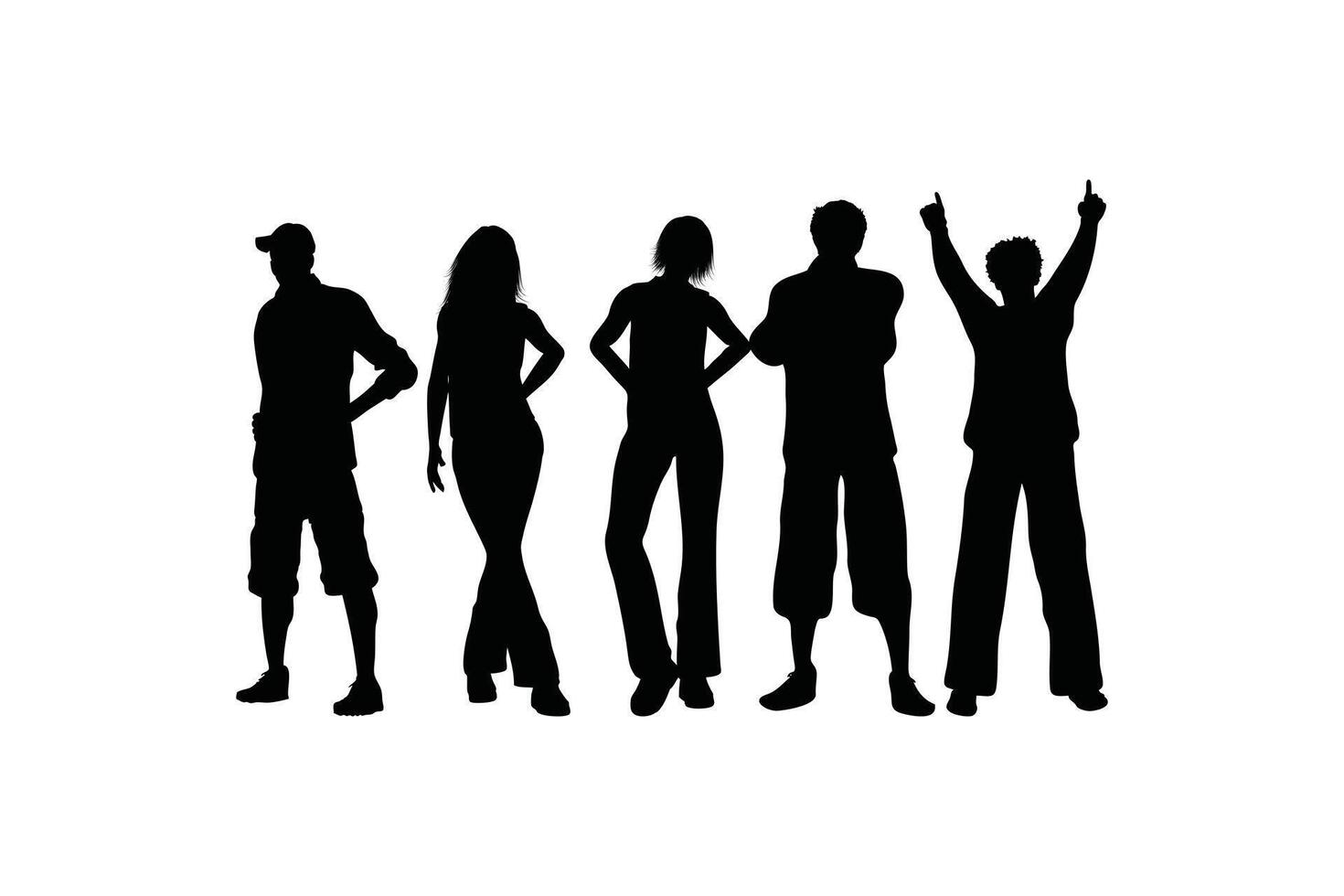Silhouette Collection of Standing Men and Women in Diverse Poses with Raised Hands and Side Profiles Business Team Concept Isolated on White Background vector