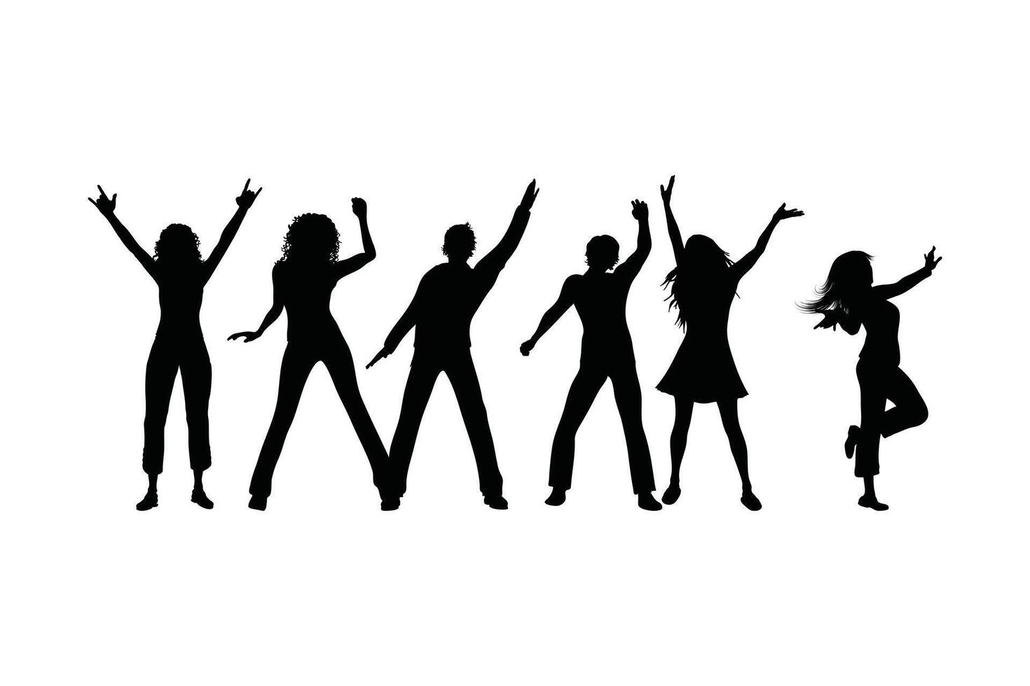 Silhouette Set of Men and Women Dancing in Various Poses with Raised Hands and Profiles Business Group Illustration in Black Isolated on White Background vector