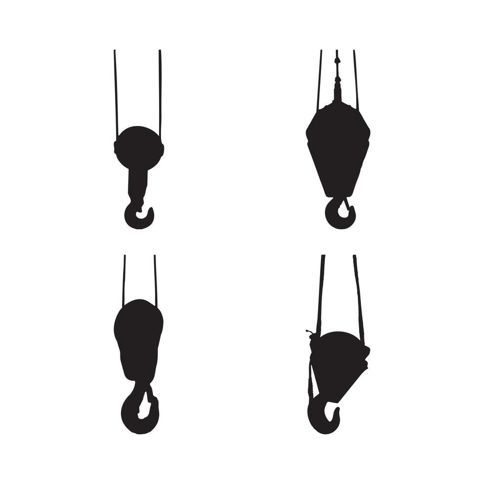 Crane Hook Silhouette Set Industrial Lifting Hook Icons and Illustrations in Black and White for Construction and Heavy Equipment Design Projects vector