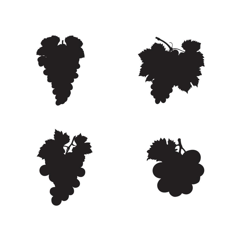 Grapes Icon and Silhouette Set Featuring Grapevine with Leaf Wine Symbol and Fruit Pictograms Isolated on White Background vector