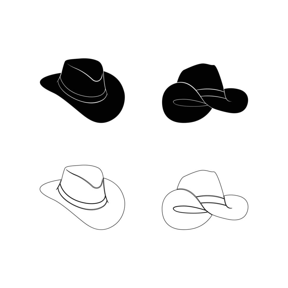 Cowboy Hat Silhouette and Outline Icon Collection Flat Style Set Featuring Classic Western Headwear Designs for Apps Websites and Graphic Projects on White Background vector