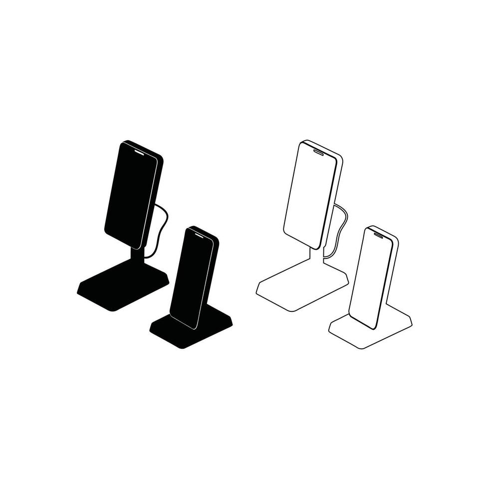 Mobile Phone Holder Icon Set Outline and Silhouette Collection Featuring Desk Cell Phone Stands for Web Design, Logos, UI Elements, and Digital Illustrations on White Background vector