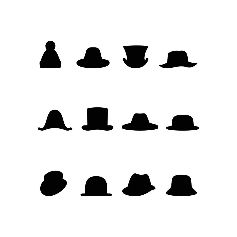Extensive Silhouette Collection of Retro and Cowboy Hats Icon Set Featuring Top Hat and Western Headwear in Flat and Thin Line Styles for Web Design and Graphic Illustration on White Background vector