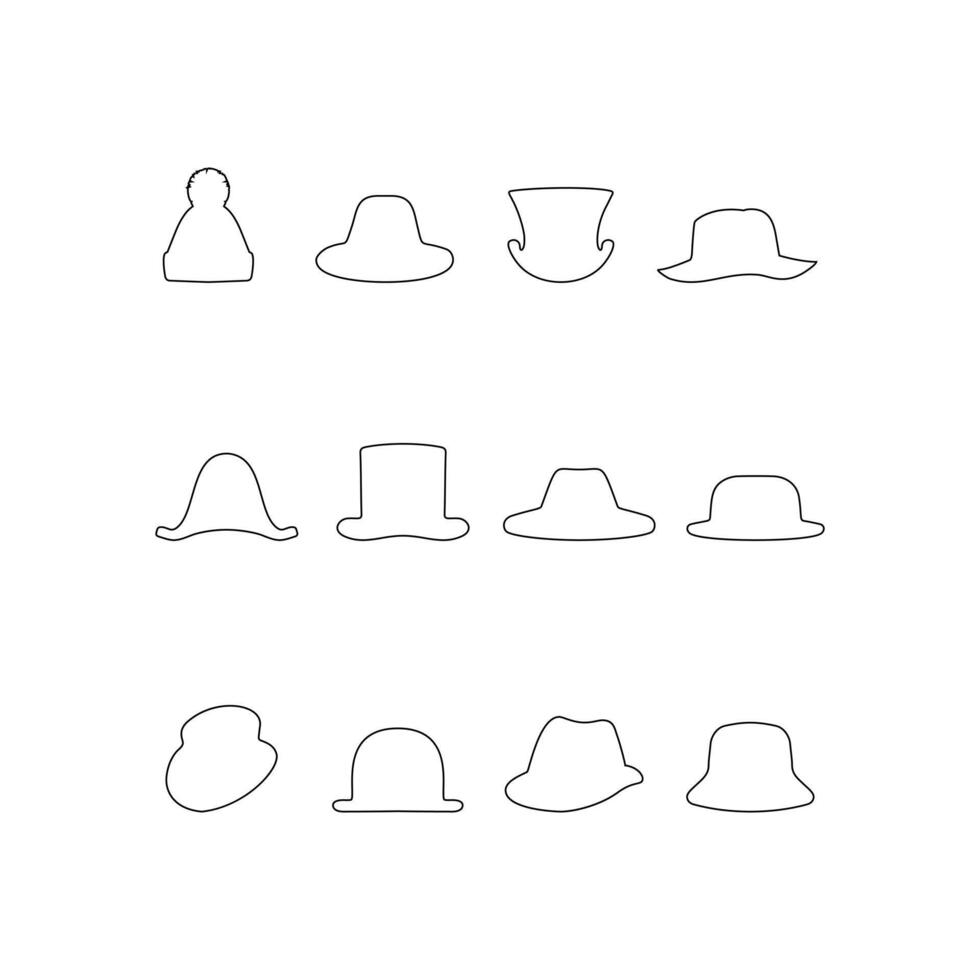 Comprehensive Collection of Retro and Cowboy Hat Outlines Set Featuring Classic Top Hats and Western Headwear in Minimal Flat Line Style for Web Design and Creative Illustrations on White Background vector