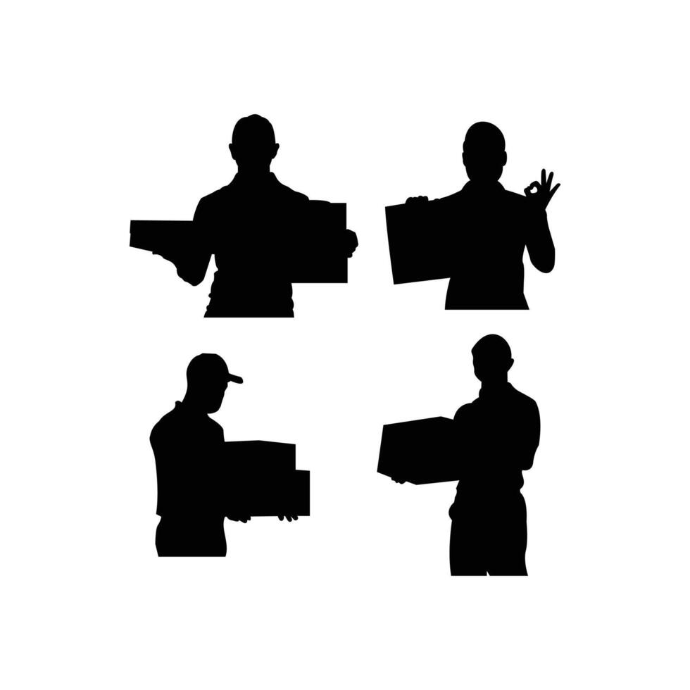 Silhouette Set of Delivery Woman Carrying Boxes Female Courier and Parcel Carrier Icons Isolated on White Background vector