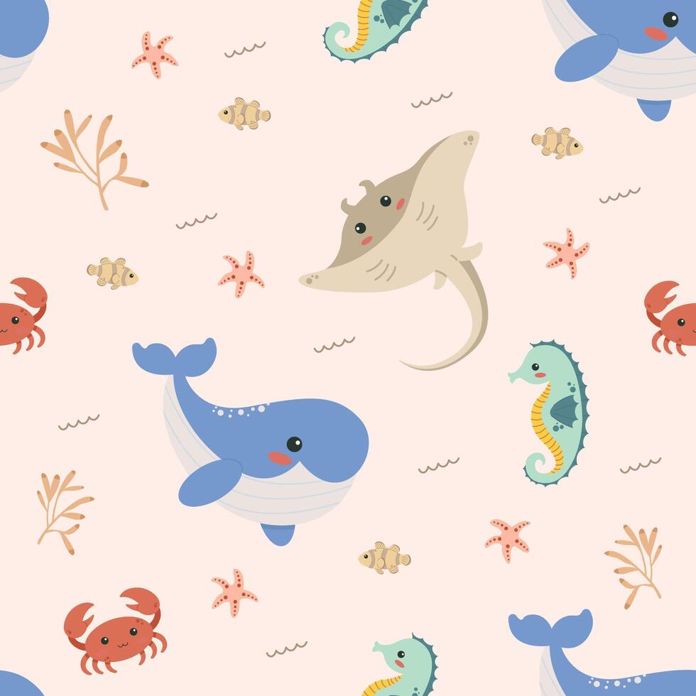 A seamless pattern of colorful underwater scene with a variety of sea creatures, including a whale, a stingray, and a crab vector