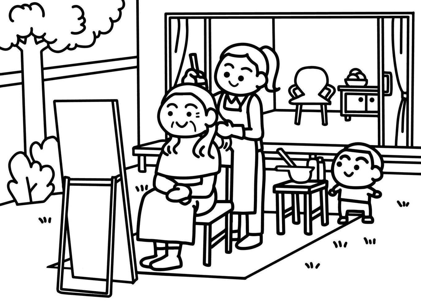 Family dyed hair at home coloring pages style. vector
