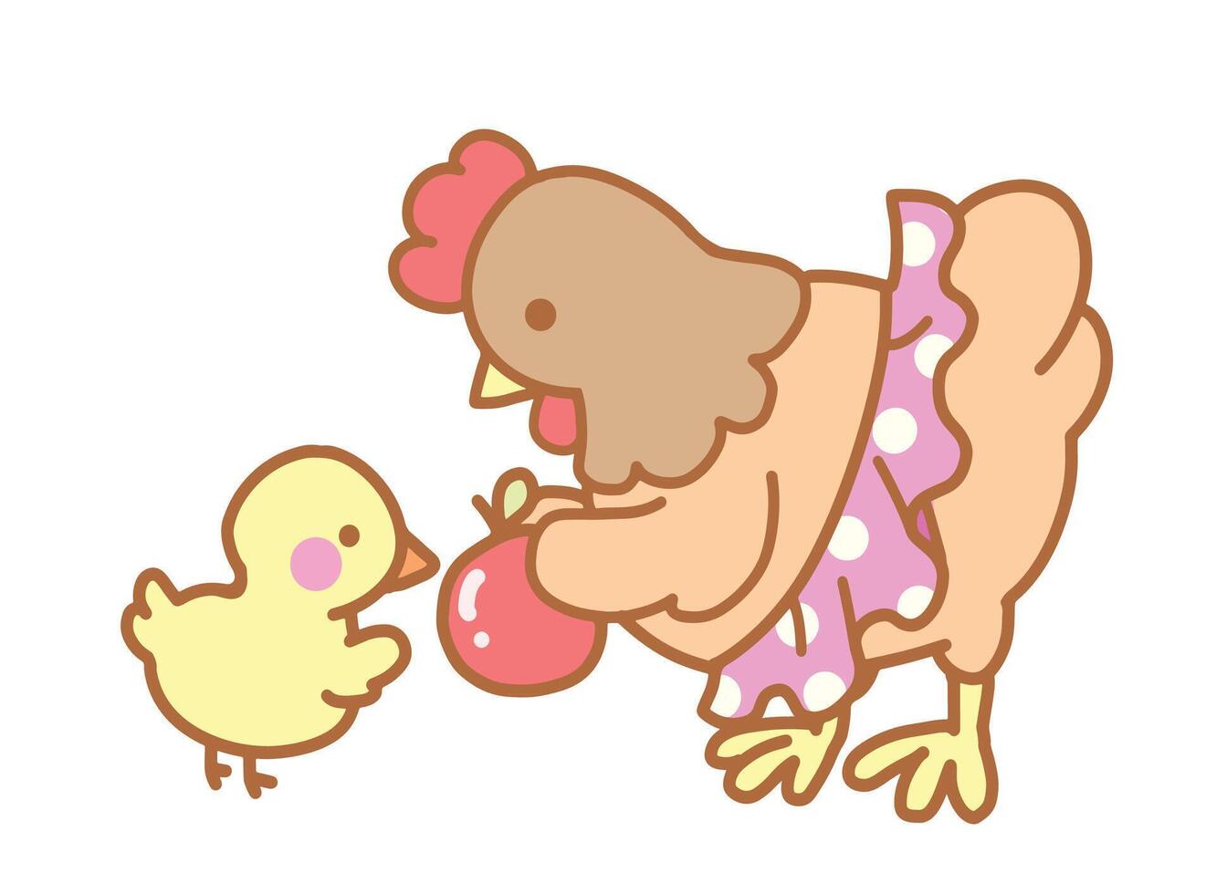 The hen gives an apple to her chicks for Clip art. vector