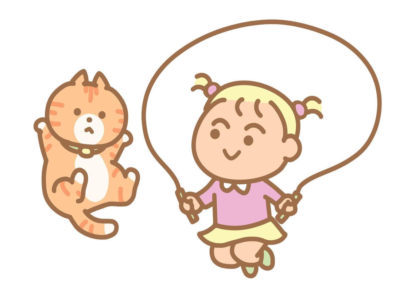Little girl jumping rope with cat for Clip art. vector