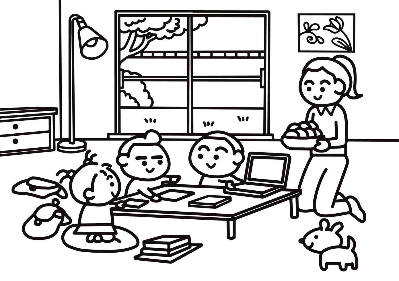 Children are studying together at home coloring pages style. vector