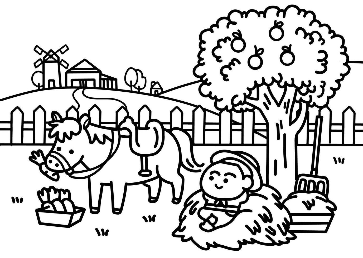 Boy at the horse farm coloring pages style. vector