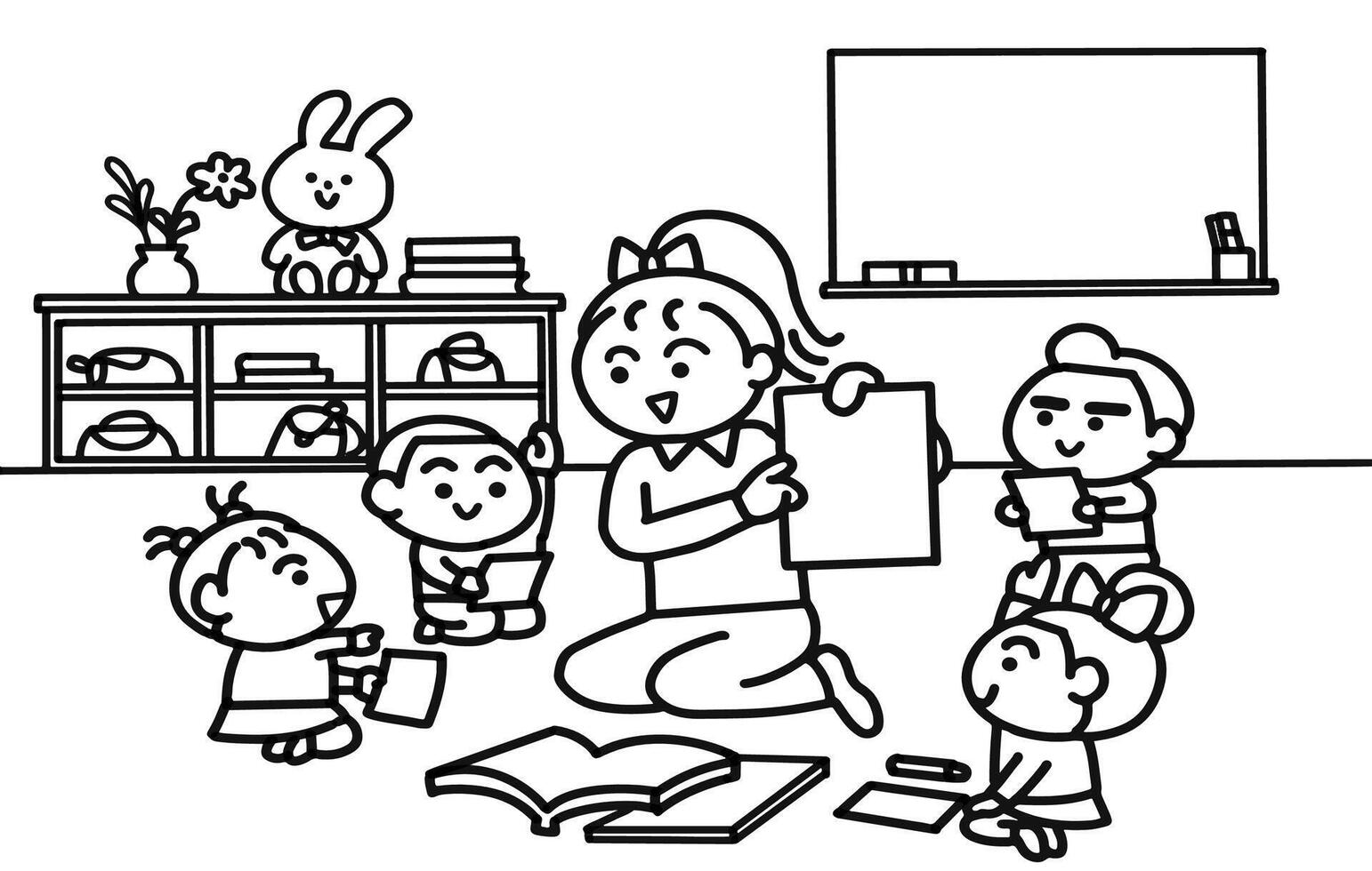 The teacher is teaching kindergarten children in the classroom. vector