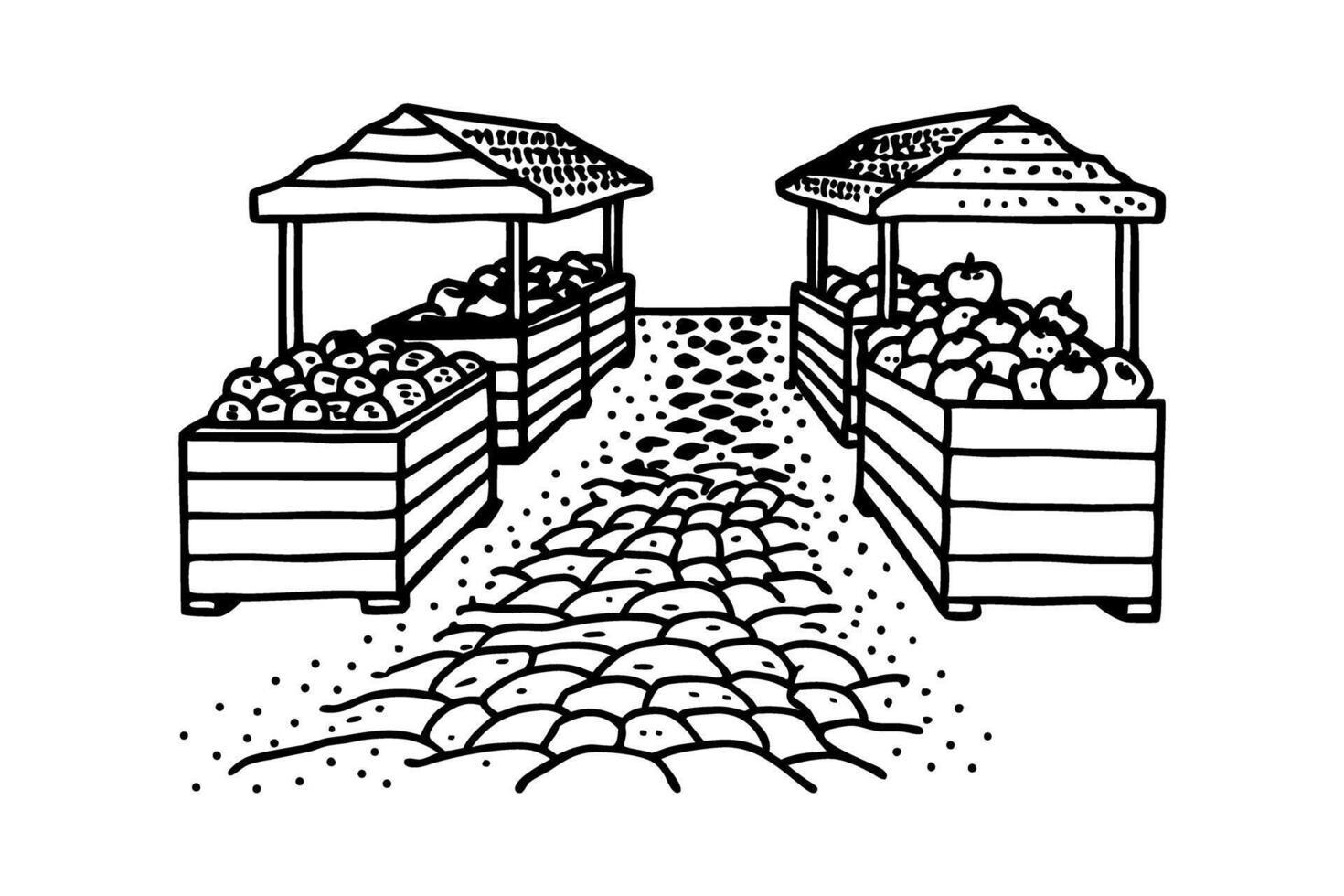 Rustic market stalls displaying fresh produce on cobbled pathway vintage outdoor market scene vector
