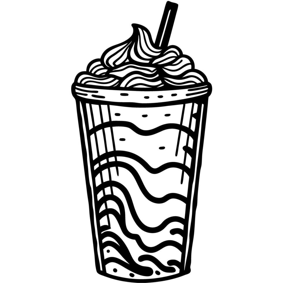 illustrated milkshake with straw and whipped cream black and white dessert beverage sketch vector