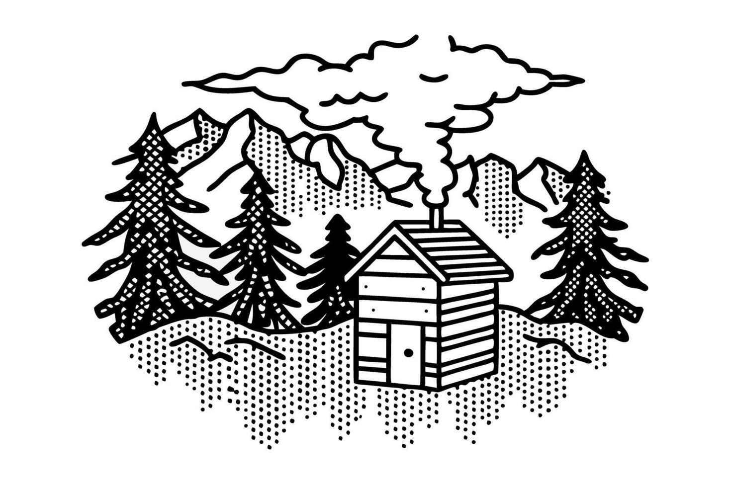 Cozy cabin in mountain forest, smoke rising, surrounded by pine trees, scenic nature landscape vector