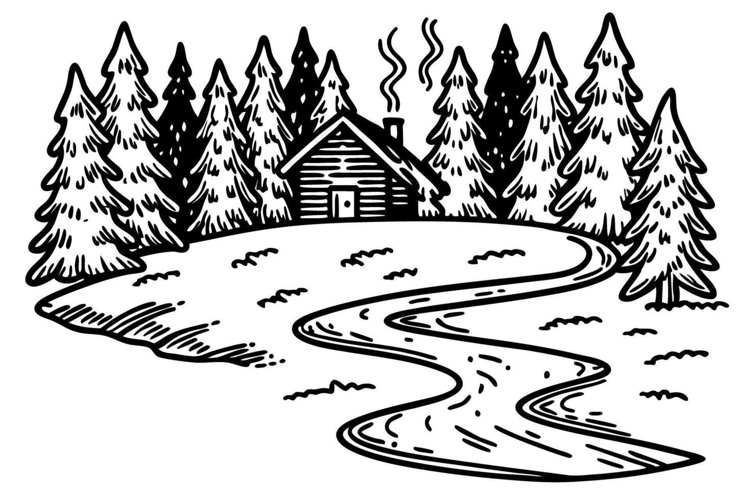 Rustic cabin amidst pine trees nature retreat and forest serenity with winding path vector
