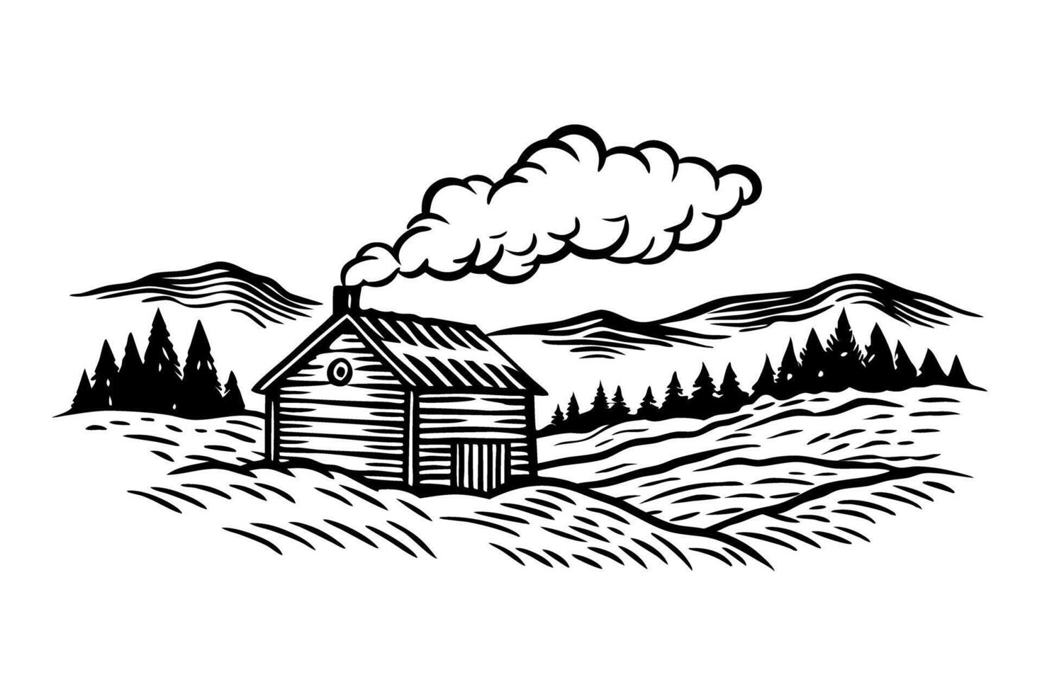 Rustic cabin in countryside landscape with mountains and pine trees vector