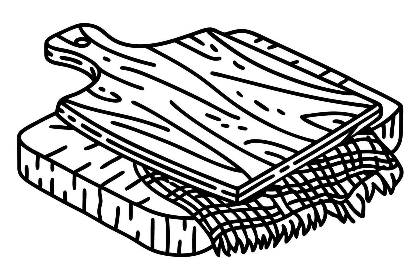 Wooden cutting boards and cloth kitchen tools, rustic cooking, serving, food prep vector