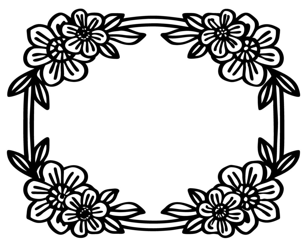 Floral frame design black and white outline with leaves and blossoms vector