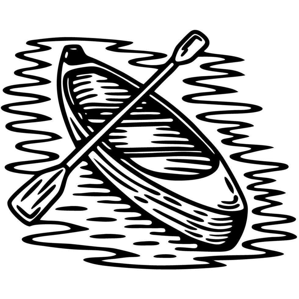 Retro rowboat sketch with paddle on rippling water vector