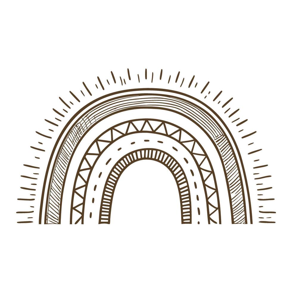 Brown abstract rainbow with decorative patterns hand drawn boho style, minimal line art design vector