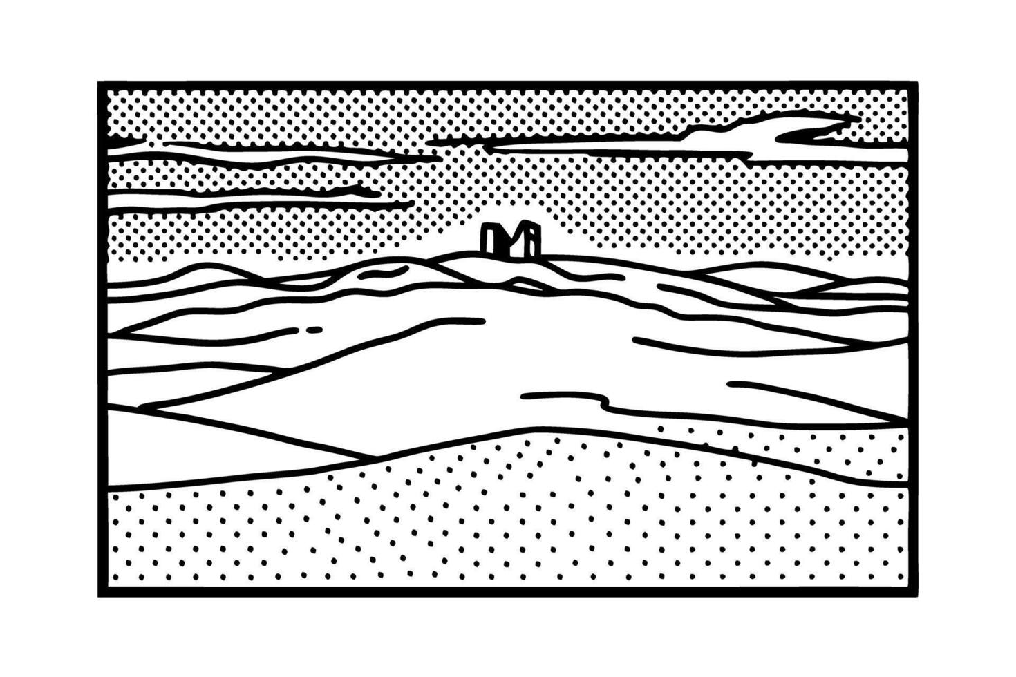 pop art landscape with distant ruins, dotted sky monochrome hills, graphic horizon in lichtenstein vector