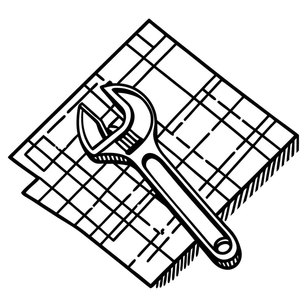 Wrench on blueprint engineering and design concept illustrated in black and white vector