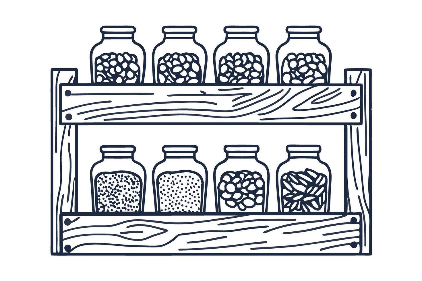 jars of spices and grains on wooden shelves, hand drawn illustration of pantry storage vector