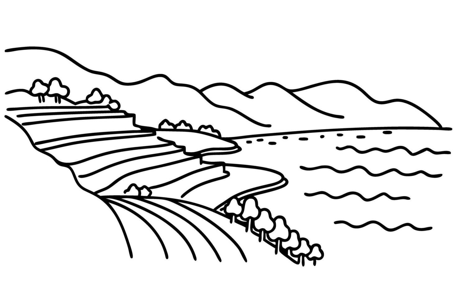 Landscape illustration of terraced farmland and hills by the sea vector