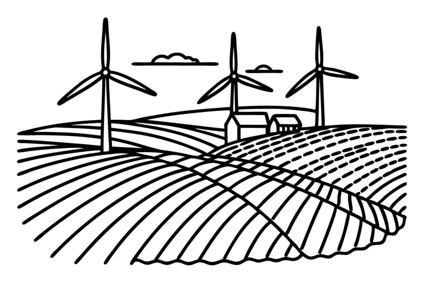 wind turbines in rural landscape with farmhouse, clouds, fields sustainable energy, eco friendly farming vector