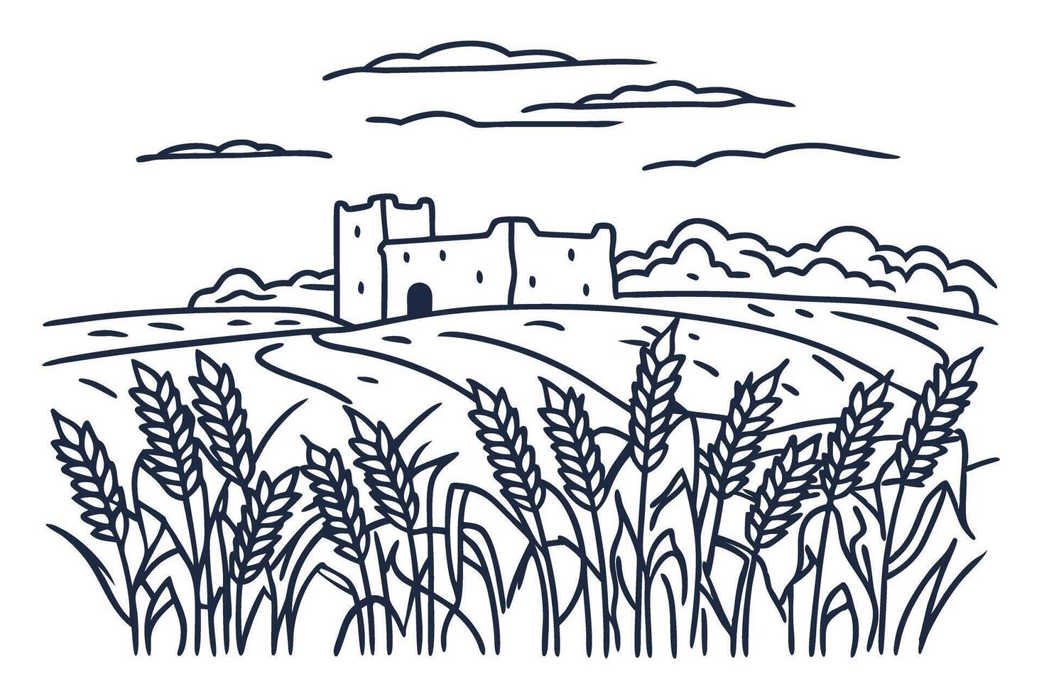 Castle ruins in wheat field historic landscape, ancient architecture under cloudy sky vector