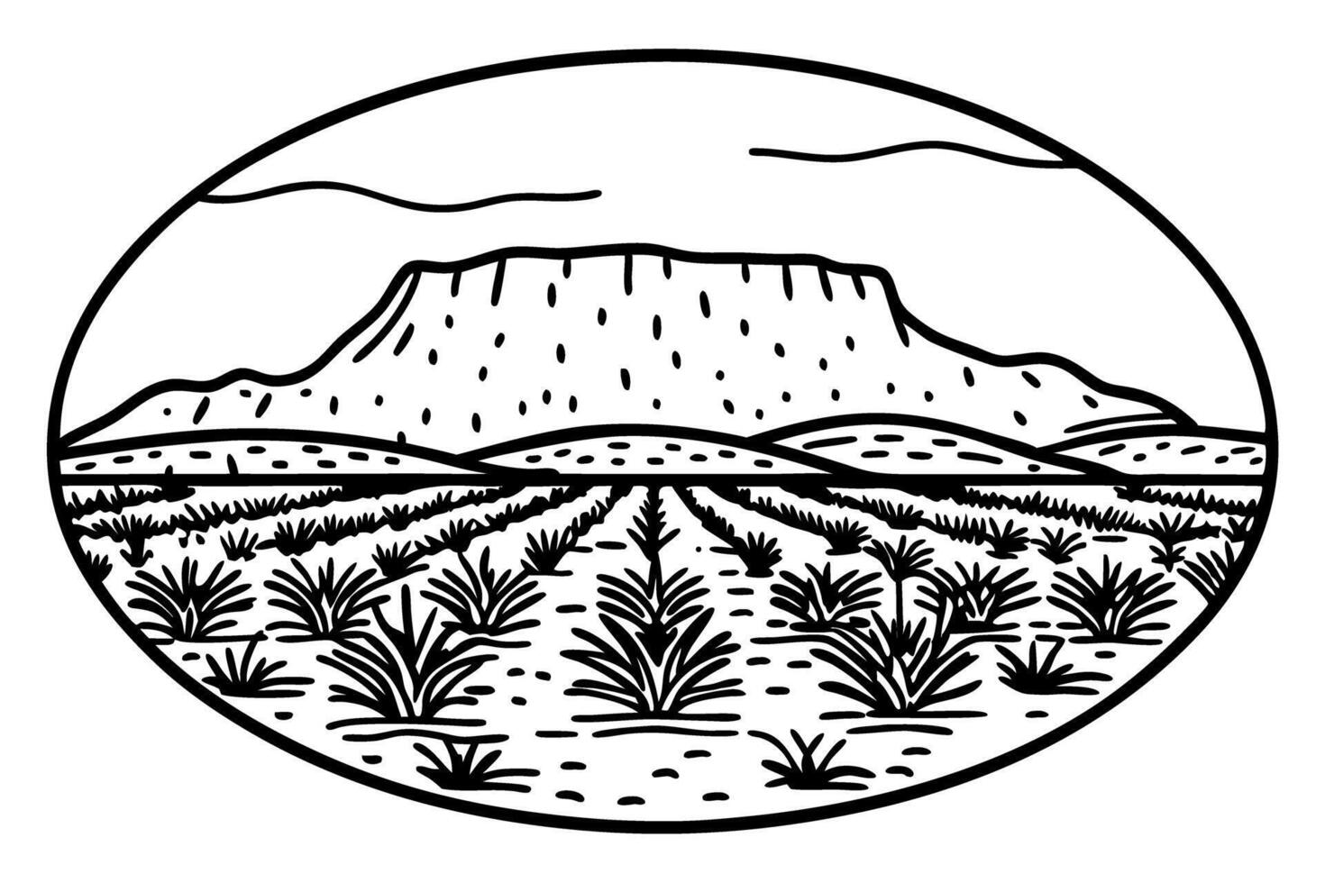 Desert landscape illustration with mesa and cacti under cloudy sky vector