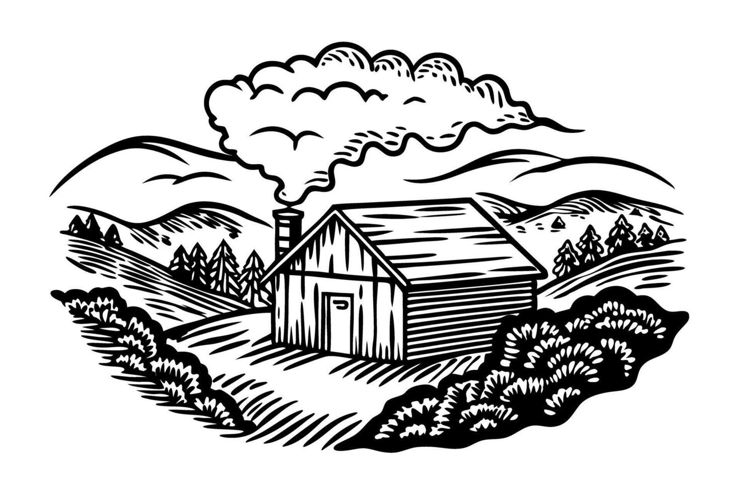 Rustic cabin landscape with smoky chimney in countryside woodcut illustration vector