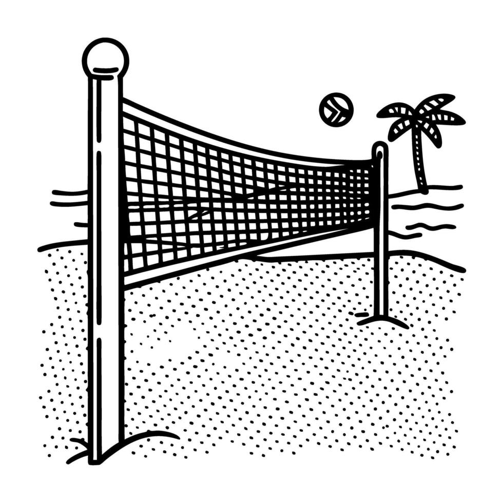 beach volleyball scene net, ball, and palm tree illustration in black and white vector