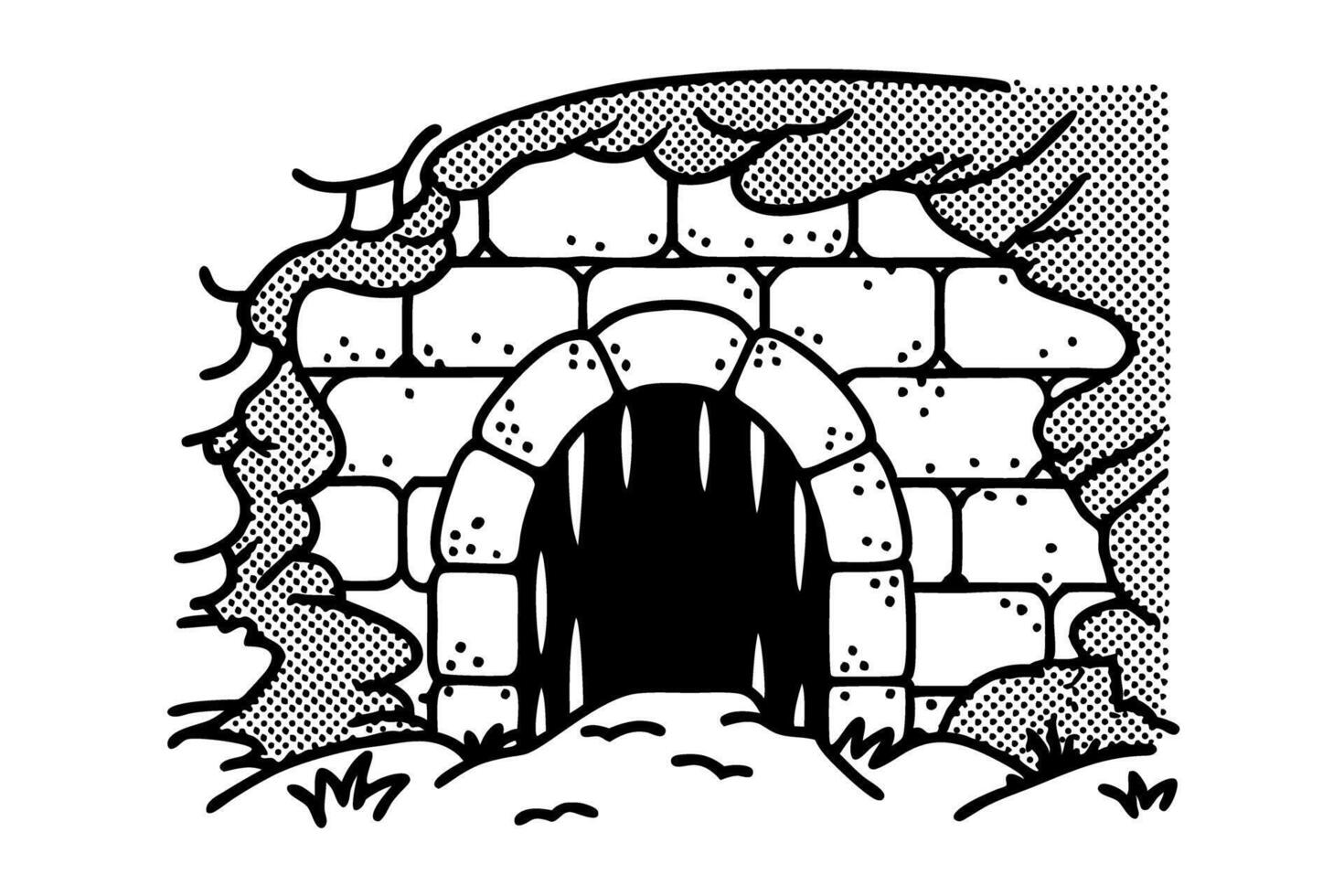 mysterious cave entrance illustration black and white hidden adventure, exploration concept vector