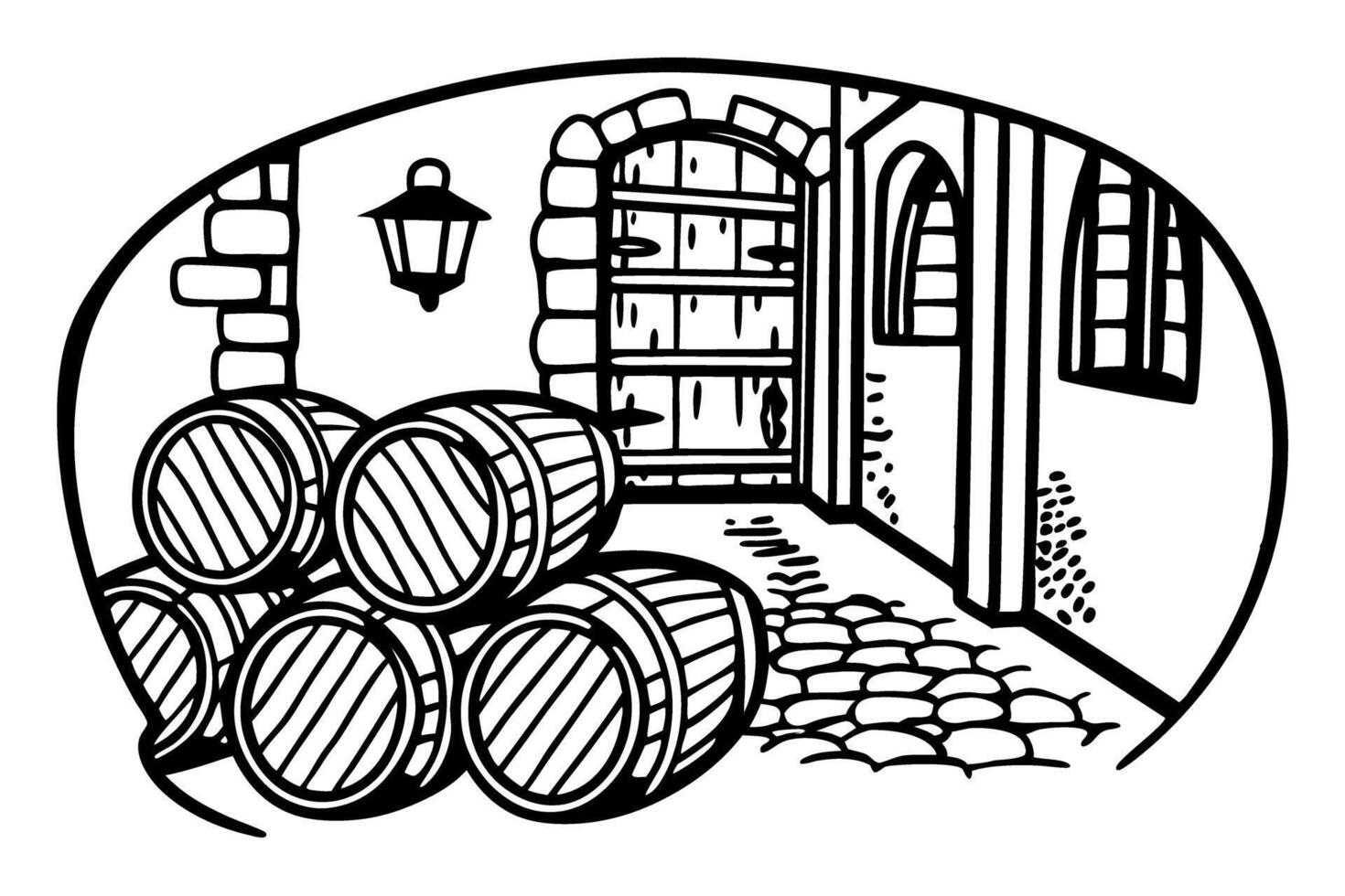 barrels in rustic cellar, cobblestone floor, arched doorway vintage winery, storage concept vector