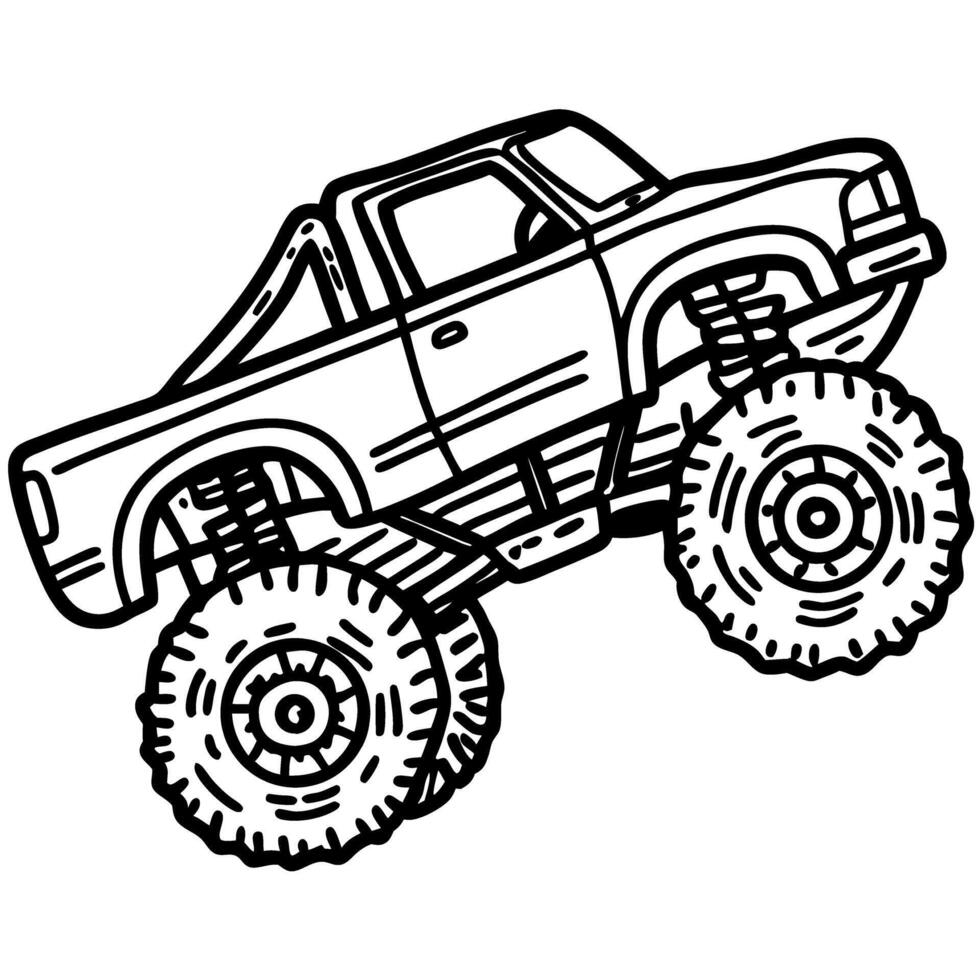 Monster truck illustration with oversized wheels off road adventure, powerful vehicle icon vector