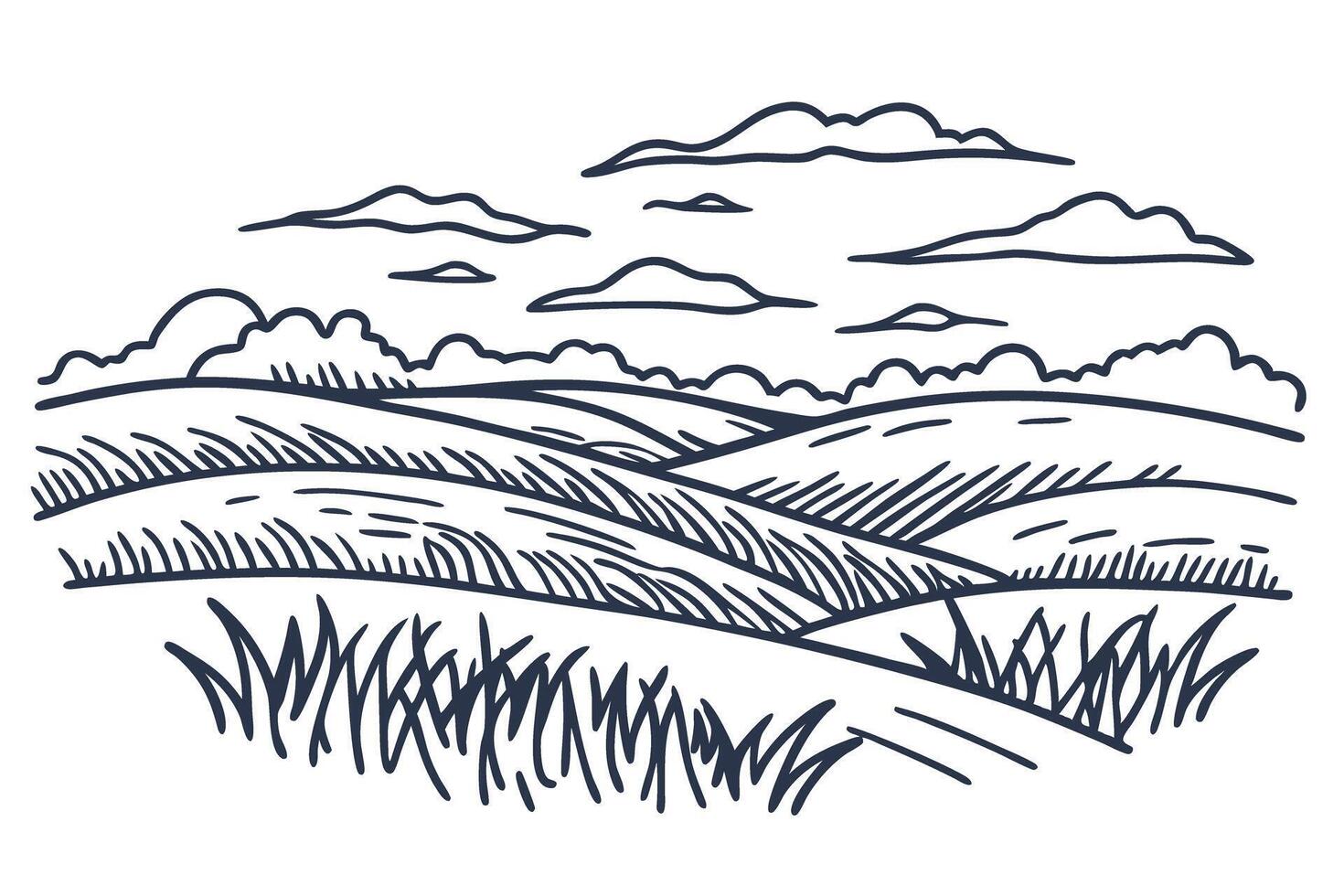Hand drawn rolling hills and clouds in a simple, elegant landscape illustration vector