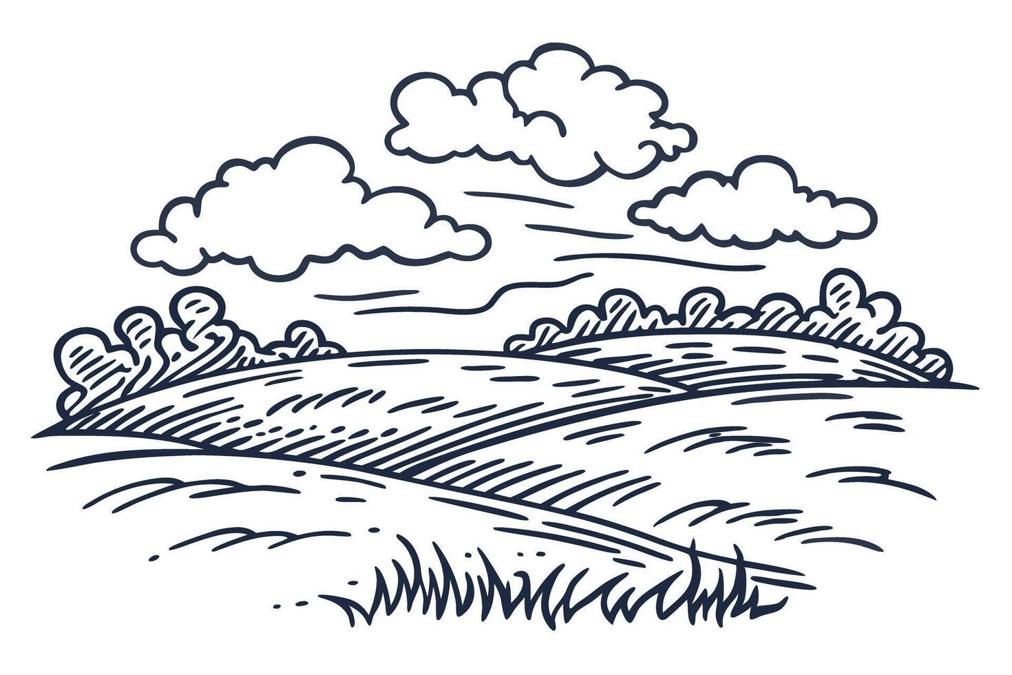 Scenic countryside landscape illustration with rolling hills, clouds, and horizon vector
