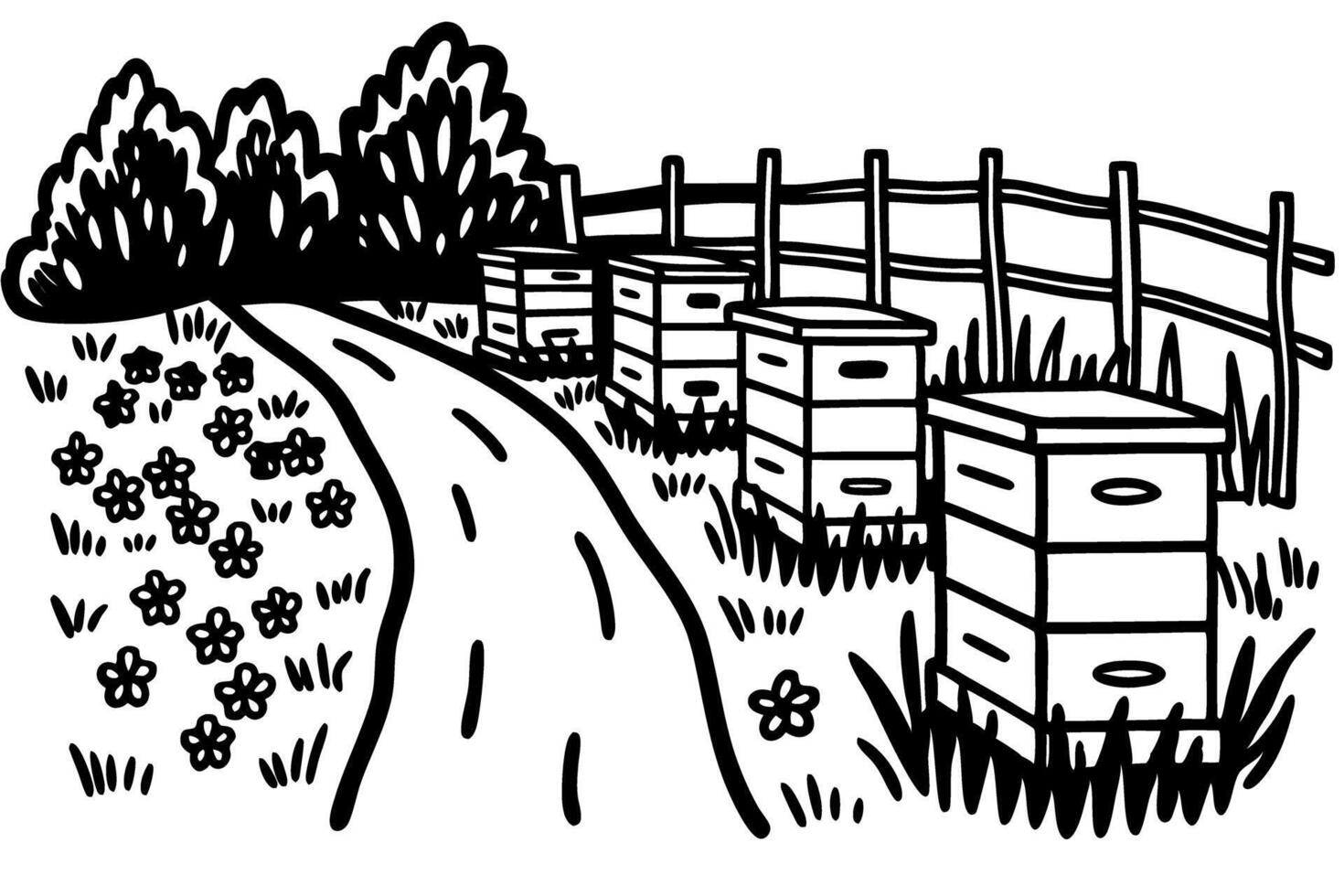 Illustrated countryside road with beehives and blooming flowers, nature and beekeeping concept vector