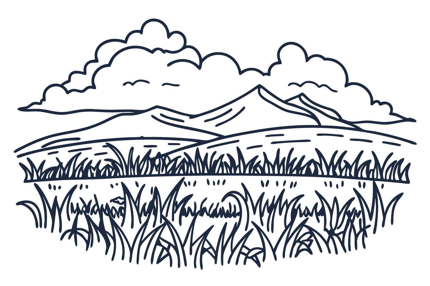 Mountain landscape with grass and clouds illustration, scenic nature sketch, serene outdoor view vector