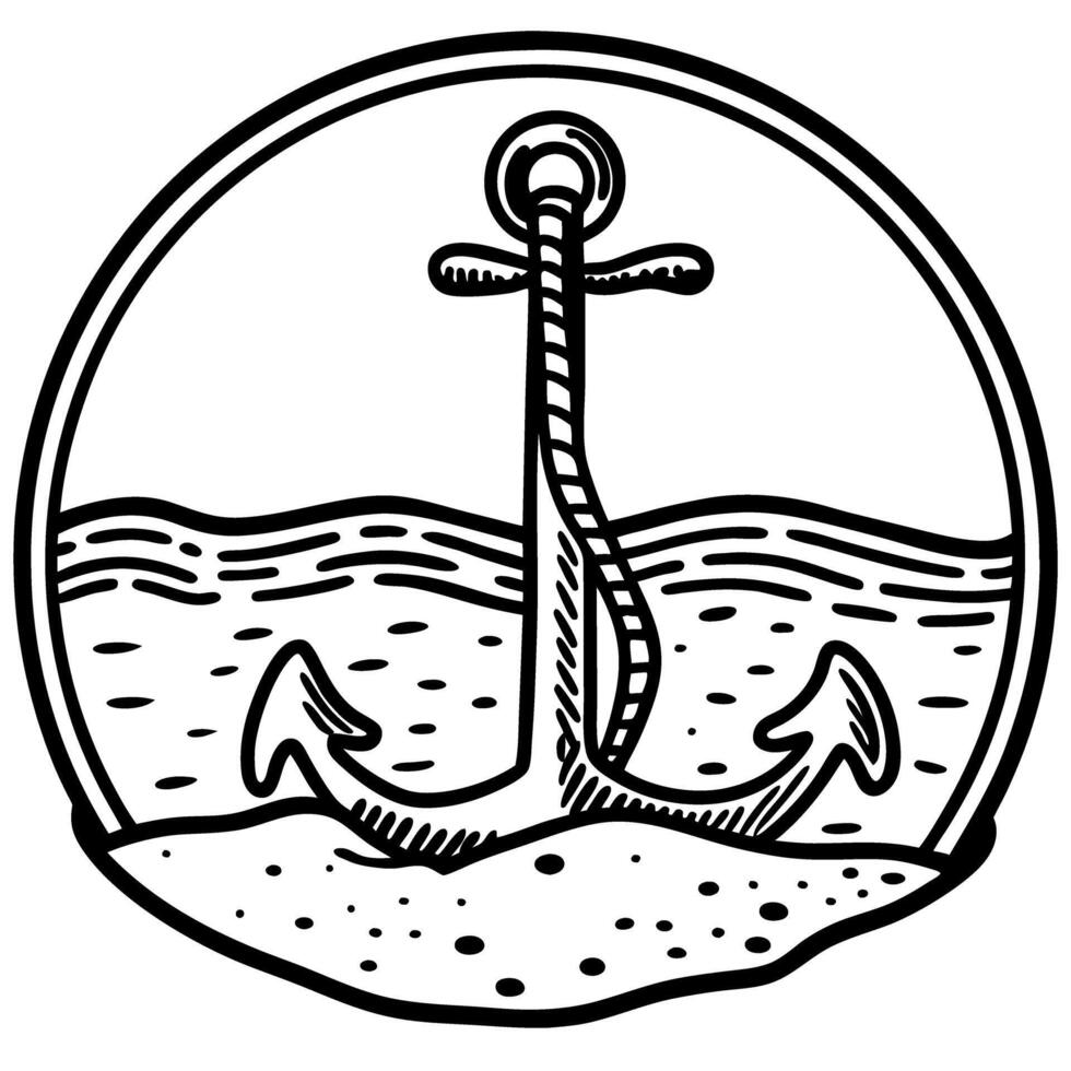 anchor illustration on sandy beach and sea background, maritime and nautical adventure theme vector